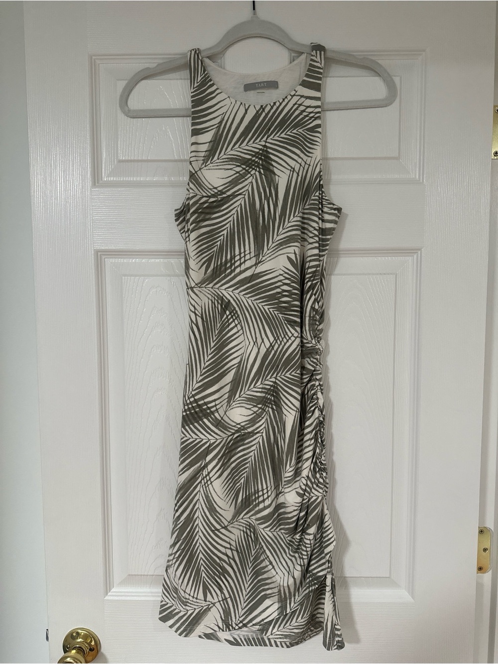 Tart White and Olive Green Palm-Print Mini Dress